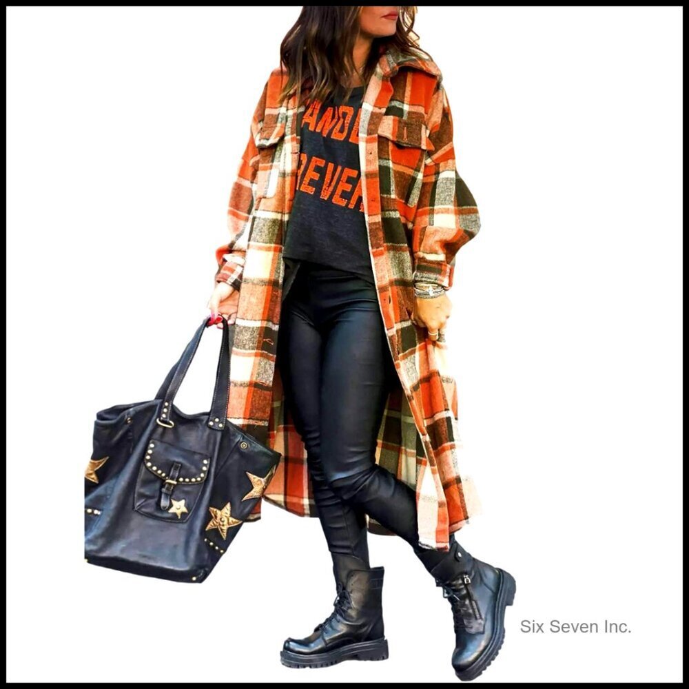 Oversized Plaid Trench Coat Flannel Shacket Button Down Long Fall Classic